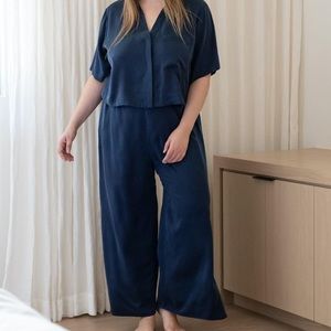 Lunya Washable Silk Button Down Pant Set Navy Blue XL2